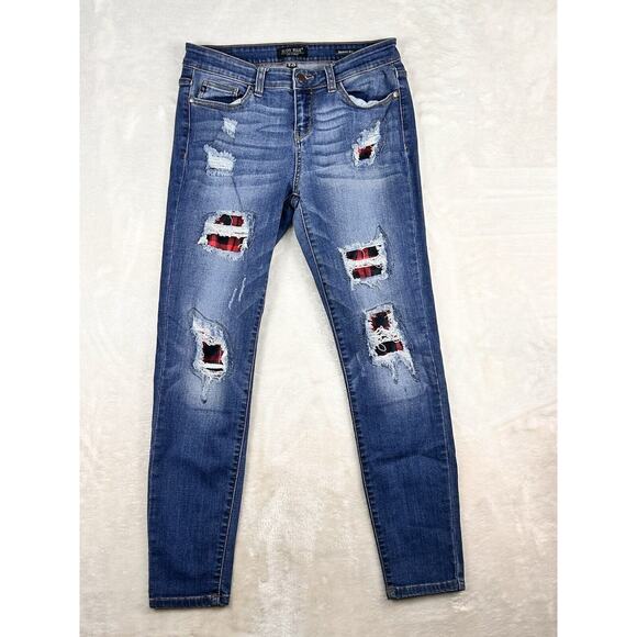 Judy Blue Jeans Womens 9/29 Skinny Fit Blue Denim Distressed Buffalo Plaid Patch - Picture 1 of 9